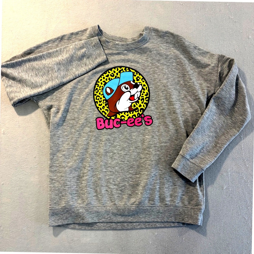 Bucees Leopard Print Beaver Neon Logo Crewneck Sweatshirt Gray Womens Large